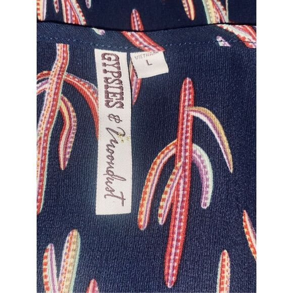 Gypsies & Wondrous Navy Cactus Print Ruffle-Neck Mini Dress  Size L  Button Fron - Picture 4 of 5